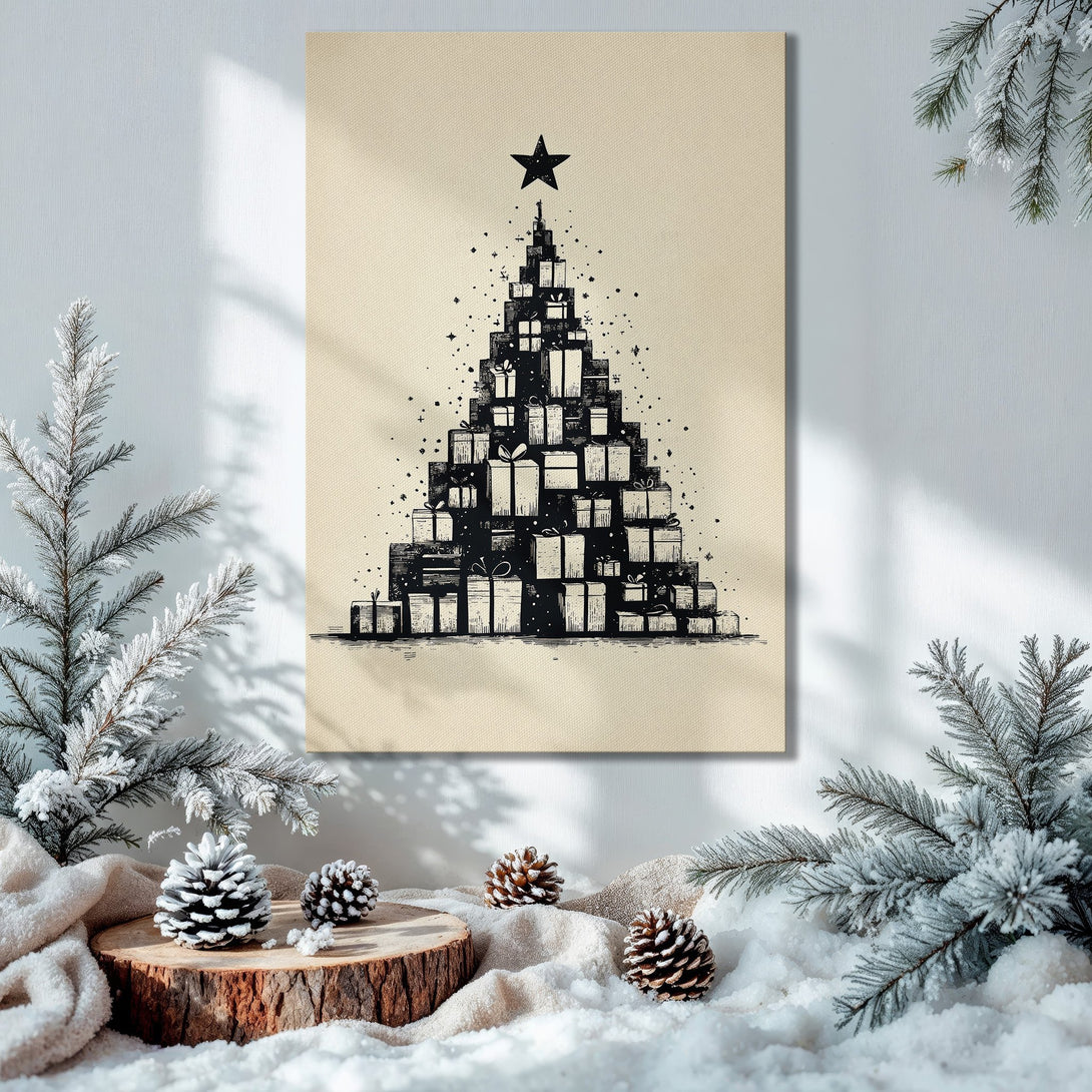 Framed Wall Art: Christmas tree made of gifts. Black and white illustration on canvas, gold frame. Festive decor in a warm, inviting interior.