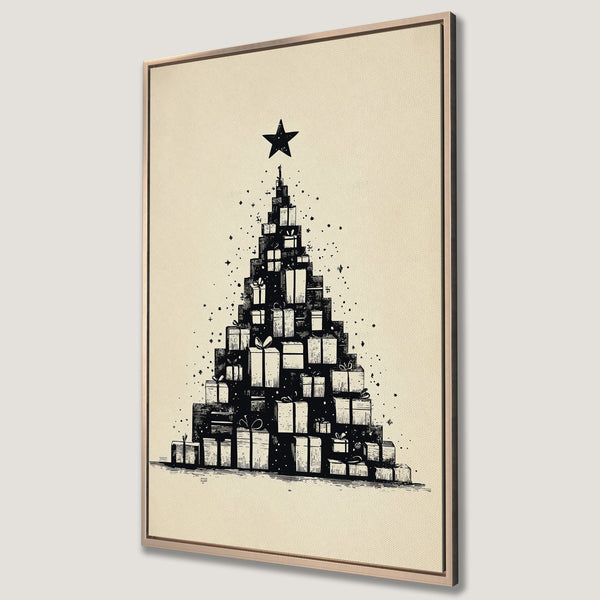 Framed Wall Art: Black and white Christmas tree art print. Modern, minimalist style with neutral beige and black color palette, perfect holiday decor.