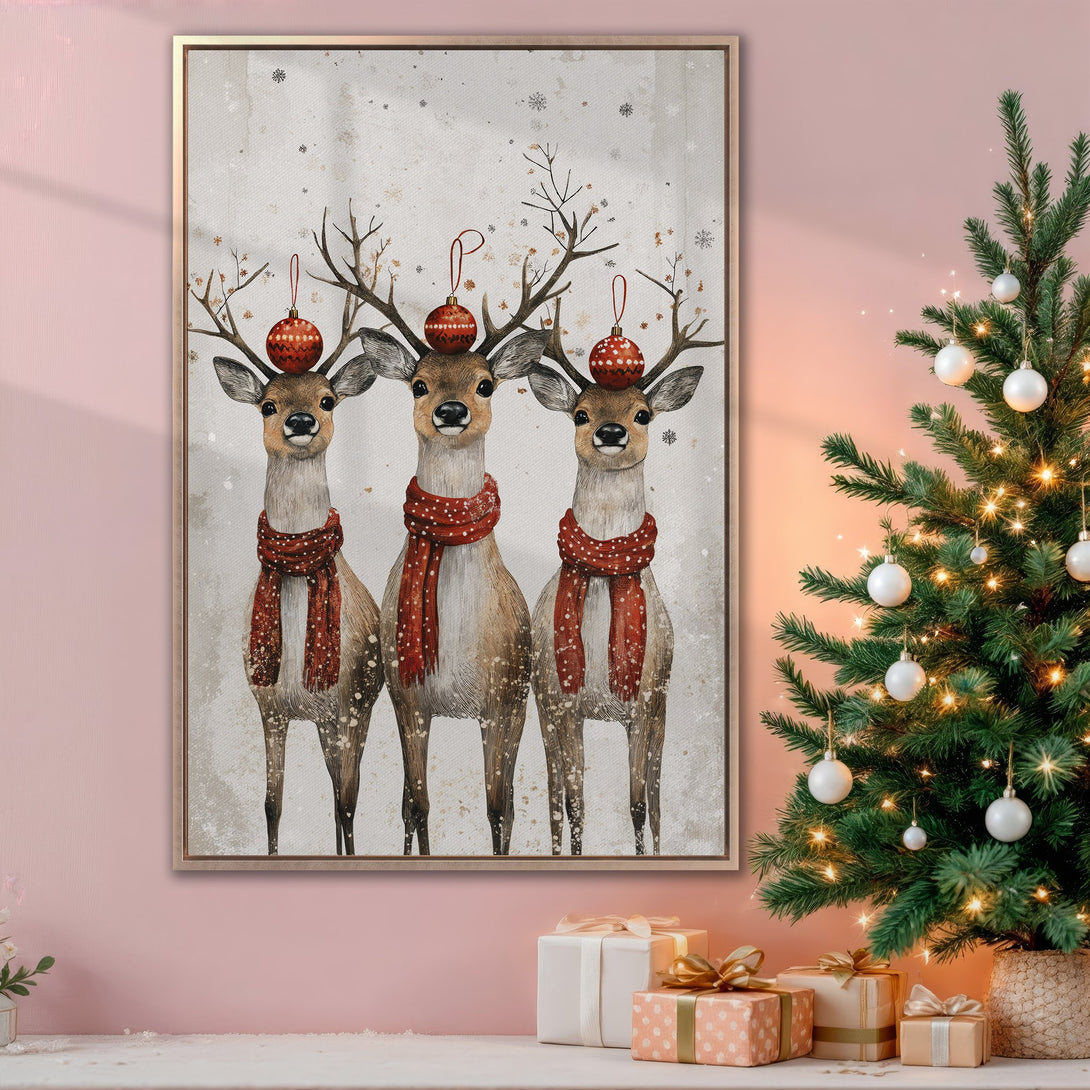 Framed Wall Art: Festive watercolor reindeer print with red scarves & ornaments. Rustic style, warm color palette. Perfect Christmas decor!