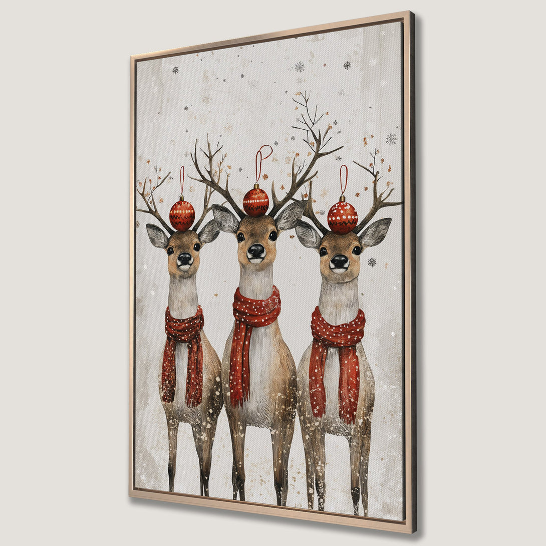 Framed Wall Art of festive reindeer wearing red scarves and ornaments. Watercolor style, neutral and warm color palette, perfect for Christmas decor.