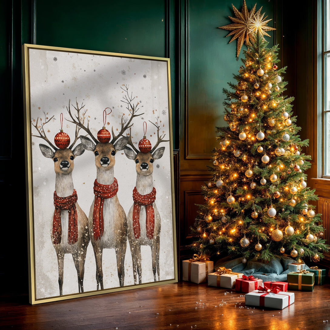 Canvas Print featuring watercolor reindeer with red scarves and ornaments. Festive holiday decor with a neutral color palette.