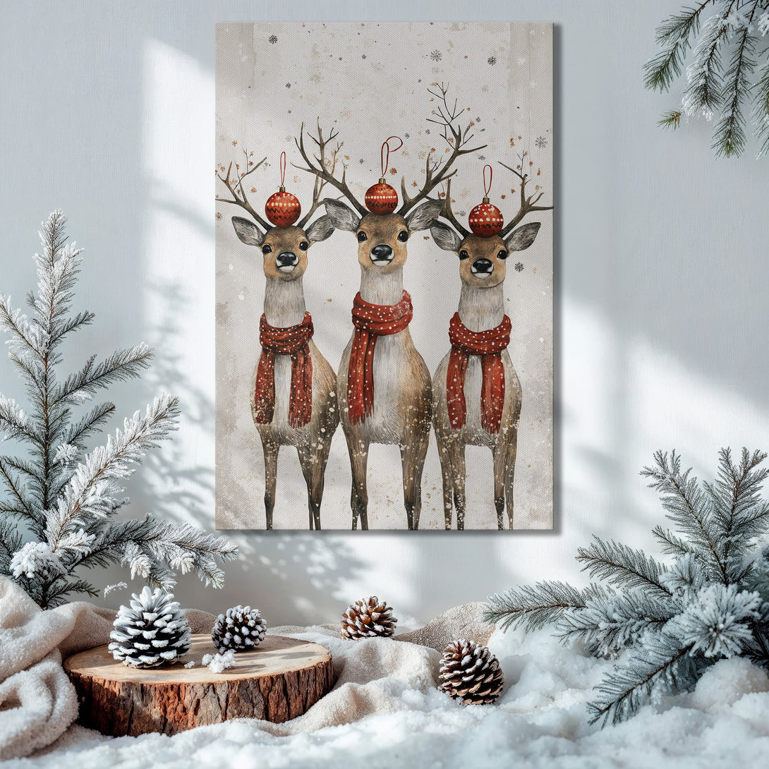 Framed Wall Art: Watercolor reindeer in red and neutral tones. Festive Christmas decor for your home.