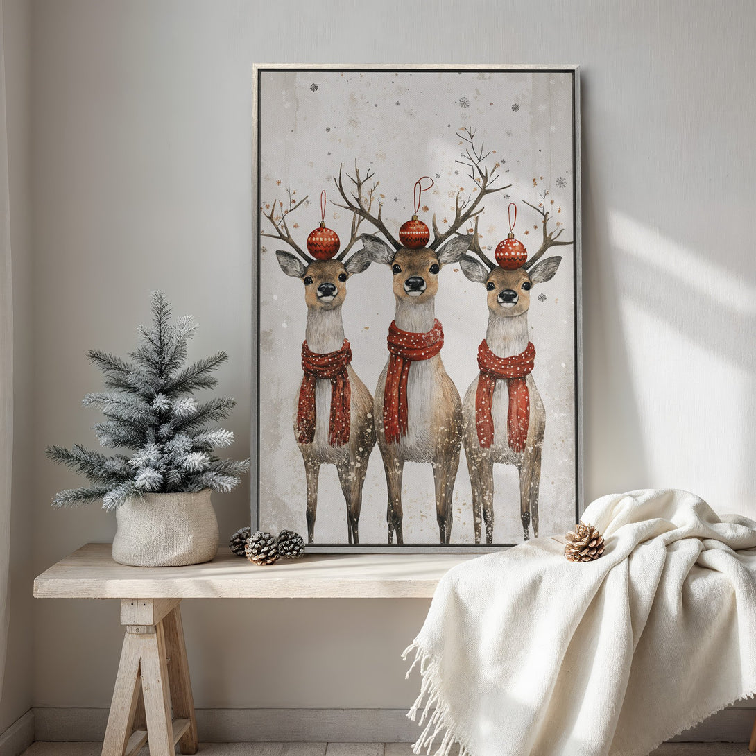 Framed Wall Art: Watercolor reindeer with red scarves & ornaments. Rustic style, neutral & red color palette. Perfect Christmas decor.