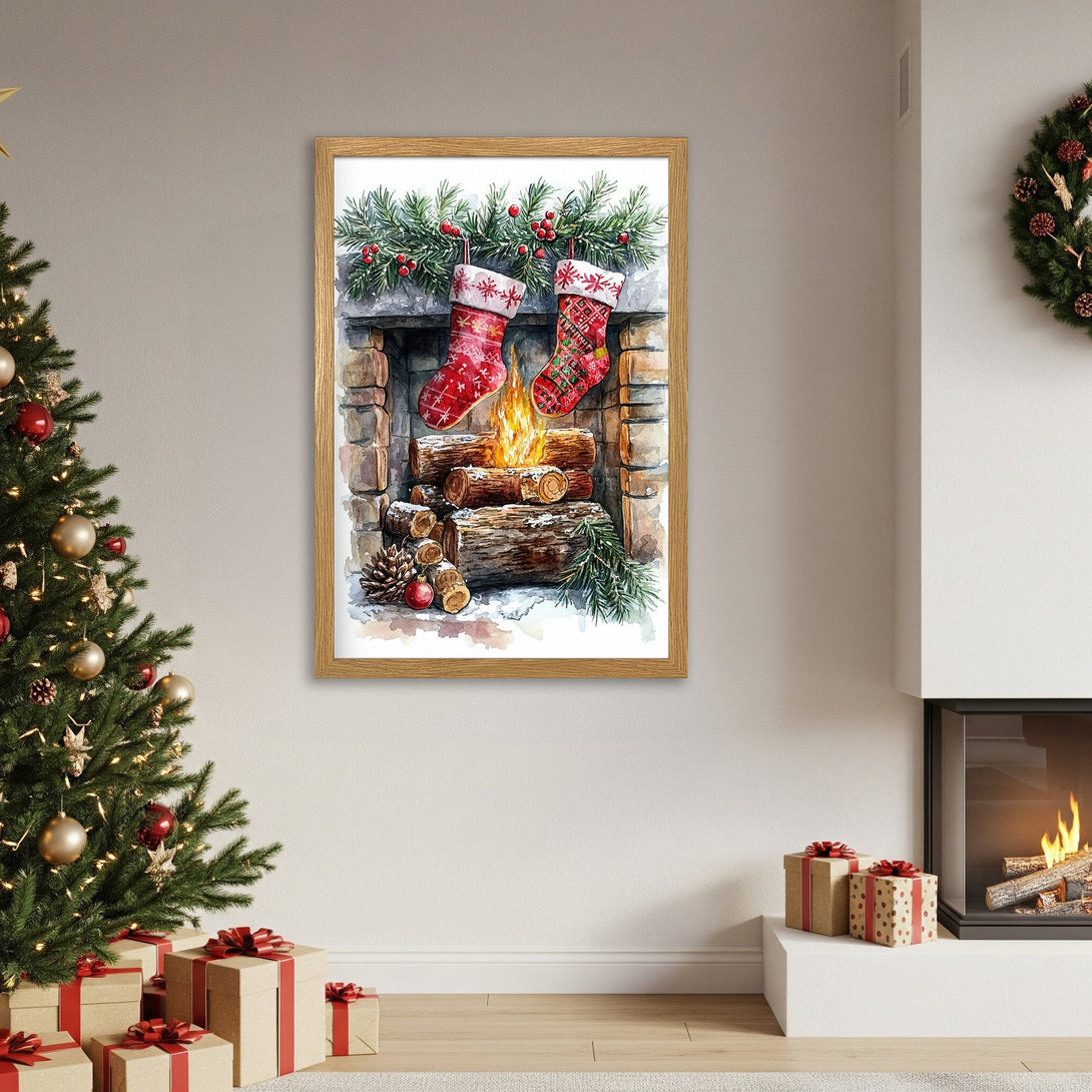 Framed Poster featuring a watercolor Christmas scene with stockings, warm colors, and festive decor. Perfect holiday wall art!
