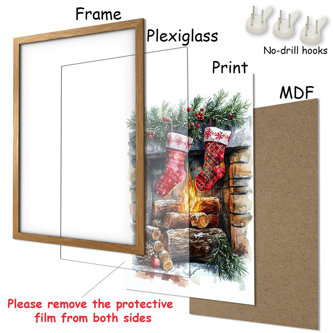 Framed Poster featuring a cozy watercolor Christmas scene with stockings and fireplace. Warm, inviting color palette. Perfect holiday decor!