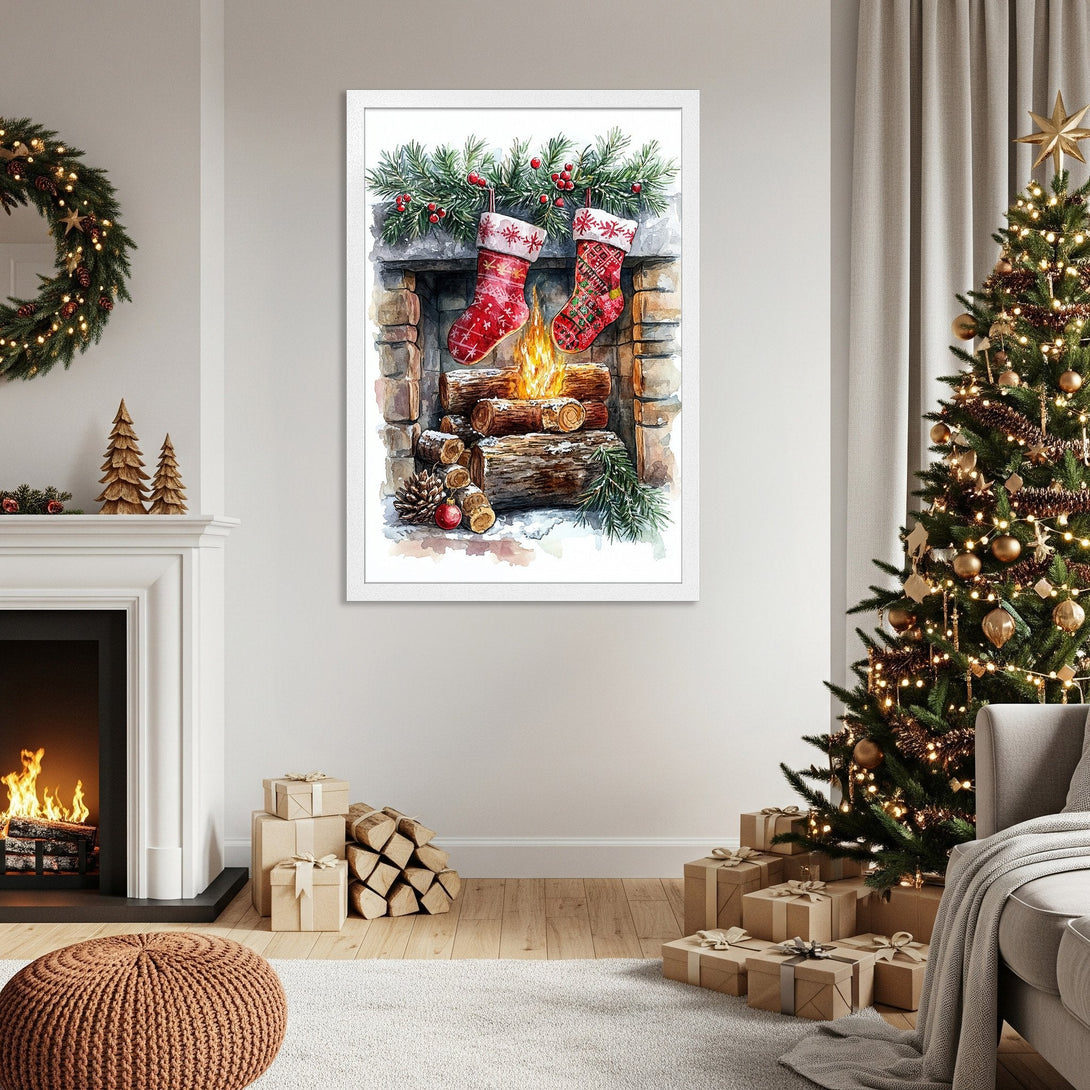 Framed Poster featuring a watercolor Christmas scene with stockings, warm colors, and cozy fireplace. Perfect holiday decor!