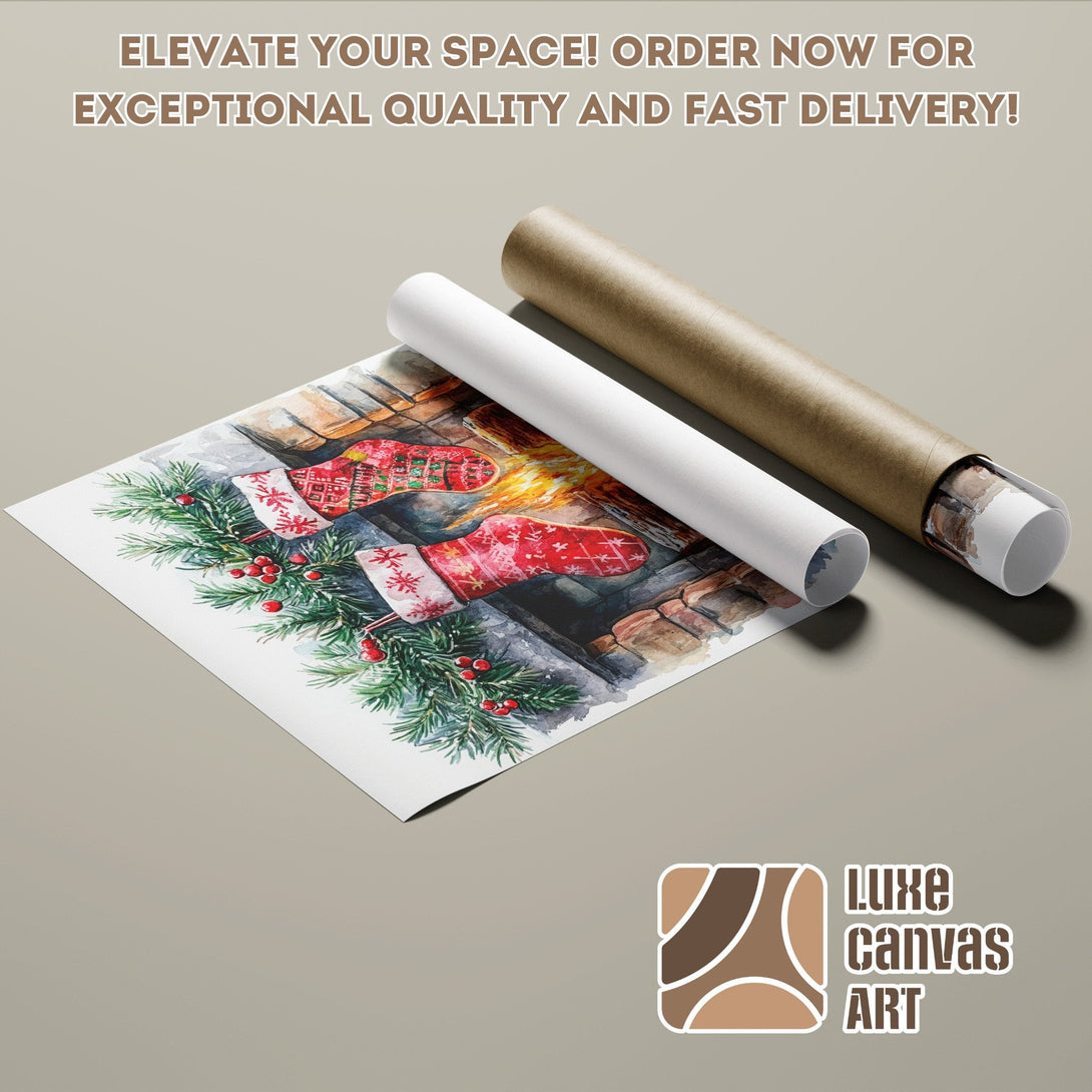 Watercolor Christmas Poster Roll with festive stockings, greens, and warm color palette. Elevate your space!