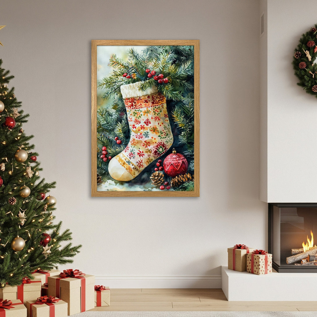Framed Poster of Christmas stocking watercolor art, warm colors, festive decor. Perfect holiday gift!