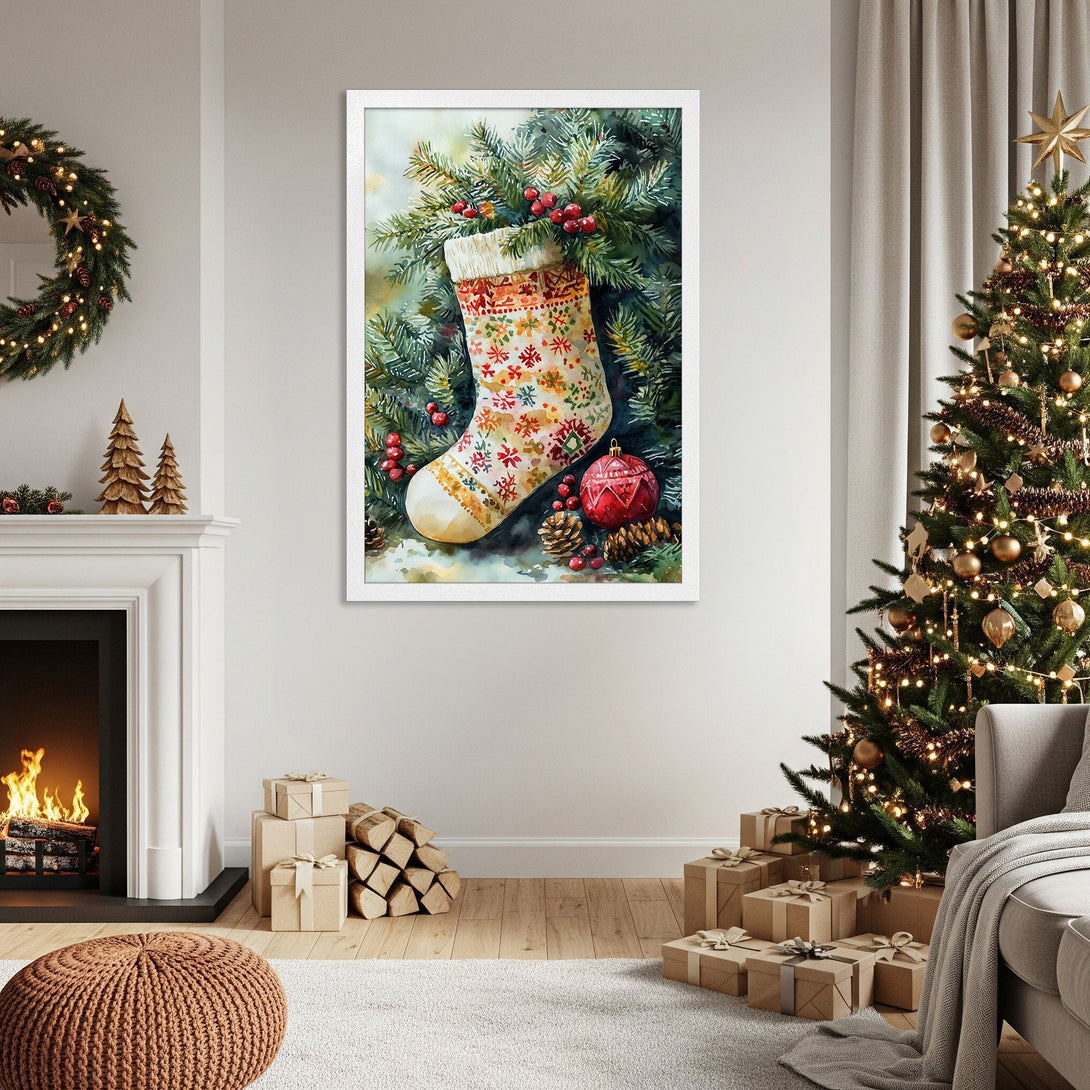 Framed Poster featuring a watercolor Christmas stocking, festive style, with red, green, and gold color palette. Perfect holiday decor!