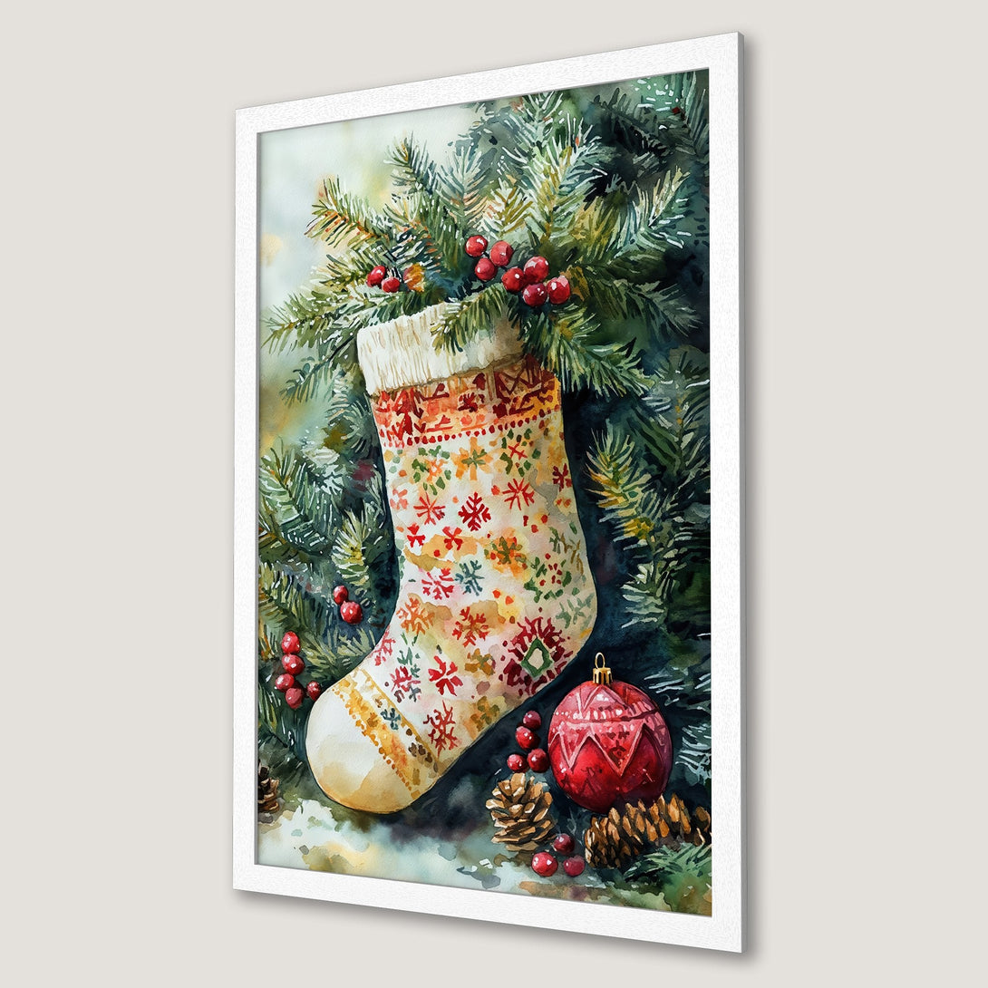 Framed Poster of a watercolor Christmas stocking and ornaments. Festive art in green, red, and cream color palette. Perfect holiday decor.