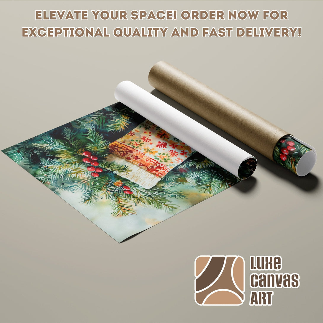 Watercolor Poster Roll featuring festive winter greenery and berries. Earthy tones and vibrant colors. Order now!