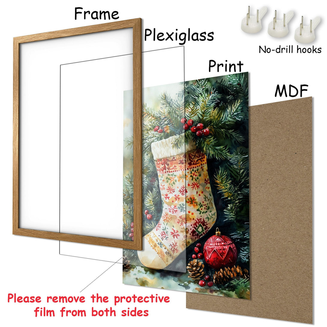 Framed Poster featuring a watercolor Christmas stocking, lush green foliage, and festive red accents. Perfect holiday decor!