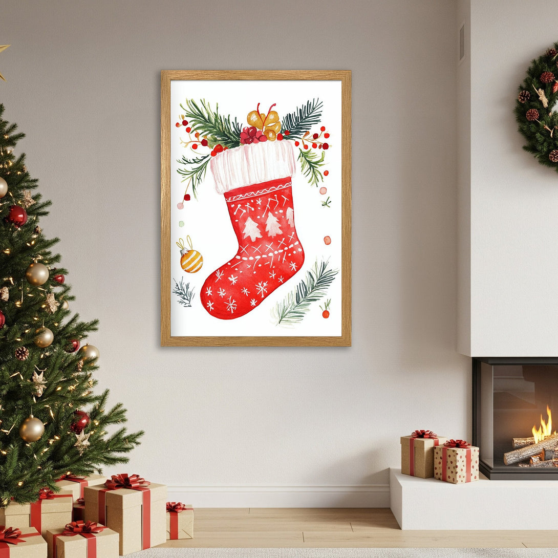 Framed Poster of a watercolor Christmas stocking in red, green, and white. Festive holiday decor.