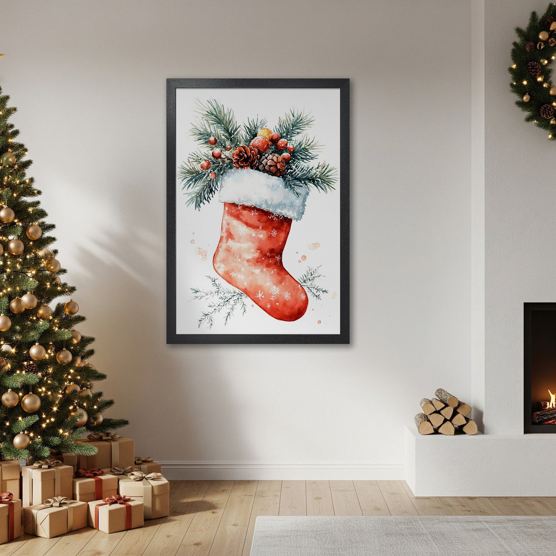 Framed Poster featuring a watercolor Christmas stocking with pine and berries, warm red and green palette, perfect holiday decor.