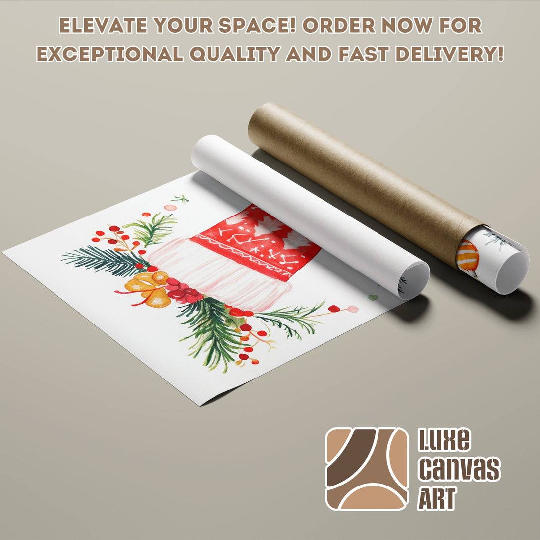 Watercolor Christmas Poster Roll, featuring a festive hat design in red, green, and gold. Elevate your space!