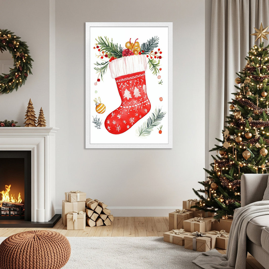 Framed Poster featuring a watercolor Christmas stocking. Festive style with red, green, and gold color palette. Perfect holiday home decor!