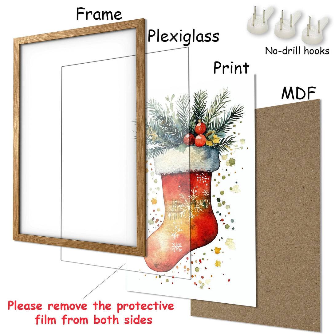 Framed Poster featuring a watercolor Christmas stocking. Warm red, green, and gold palette. Perfect holiday decor!