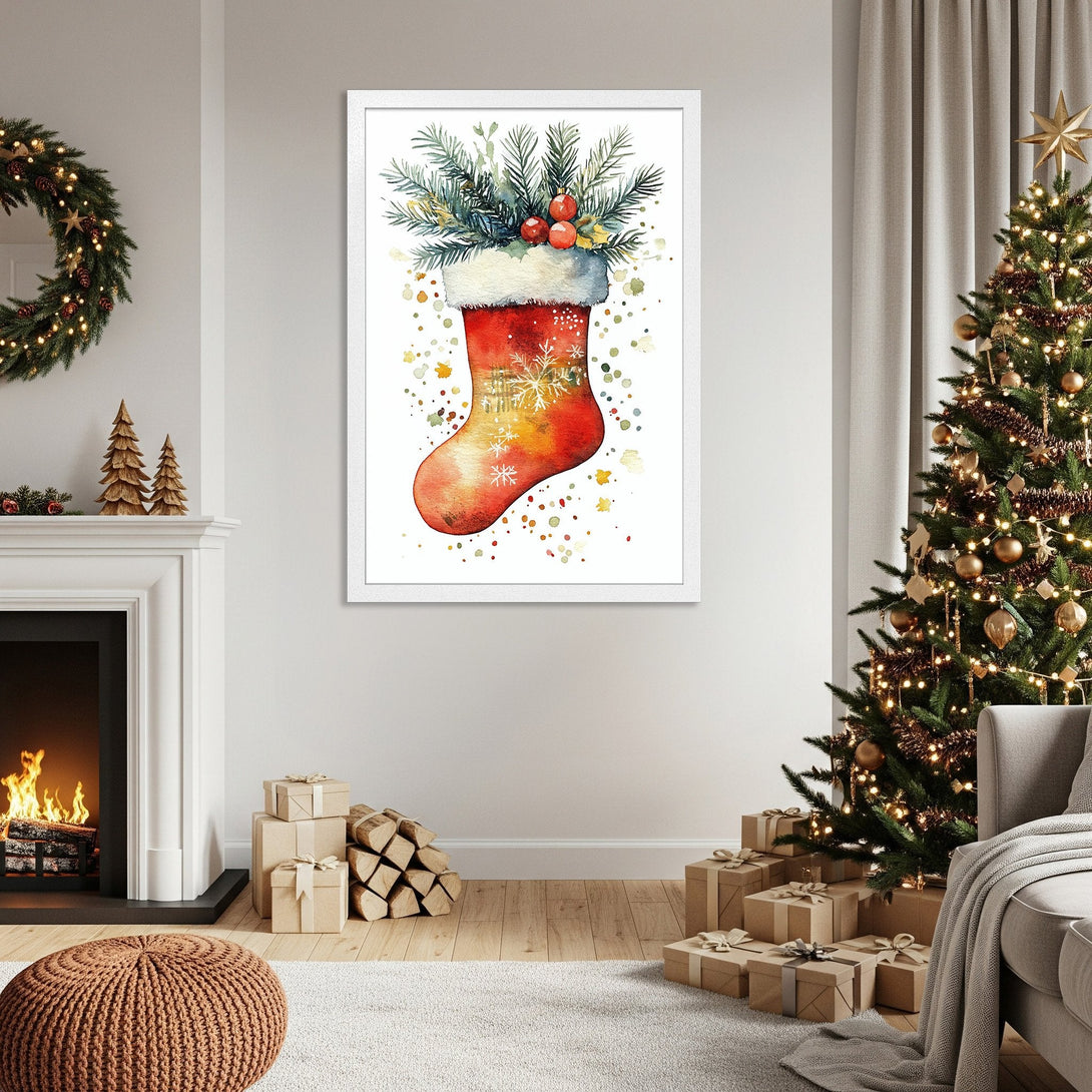 Framed Poster of a watercolor Christmas stocking. Festive art in red, green, and gold. Perfect holiday decor!