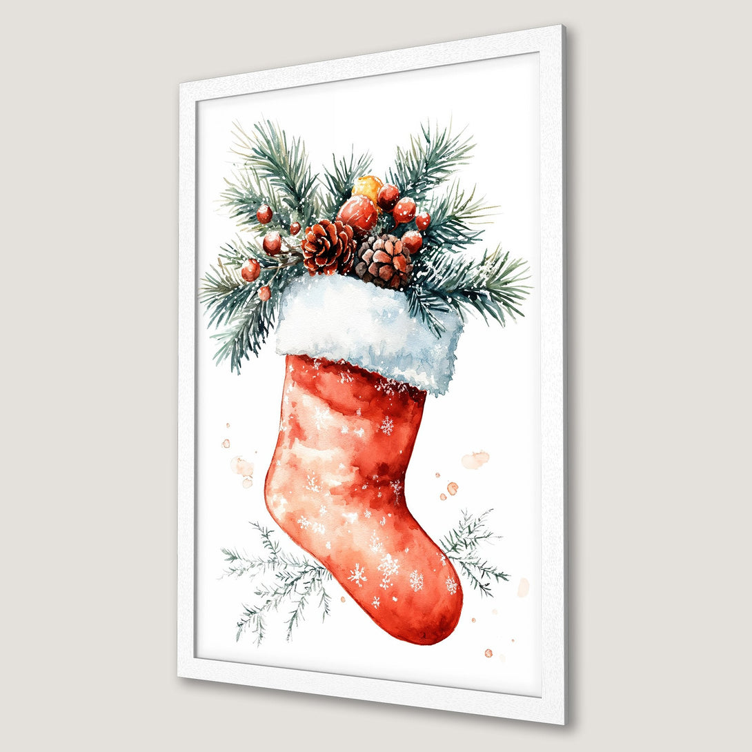 Framed Poster of a watercolor Christmas stocking with pinecones & berries. Festive holiday decor in red, green, and white.