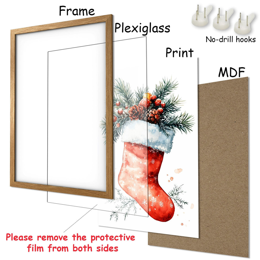 Framed Poster featuring a watercolor Christmas stocking, warm red and green hues, perfect holiday decor.
