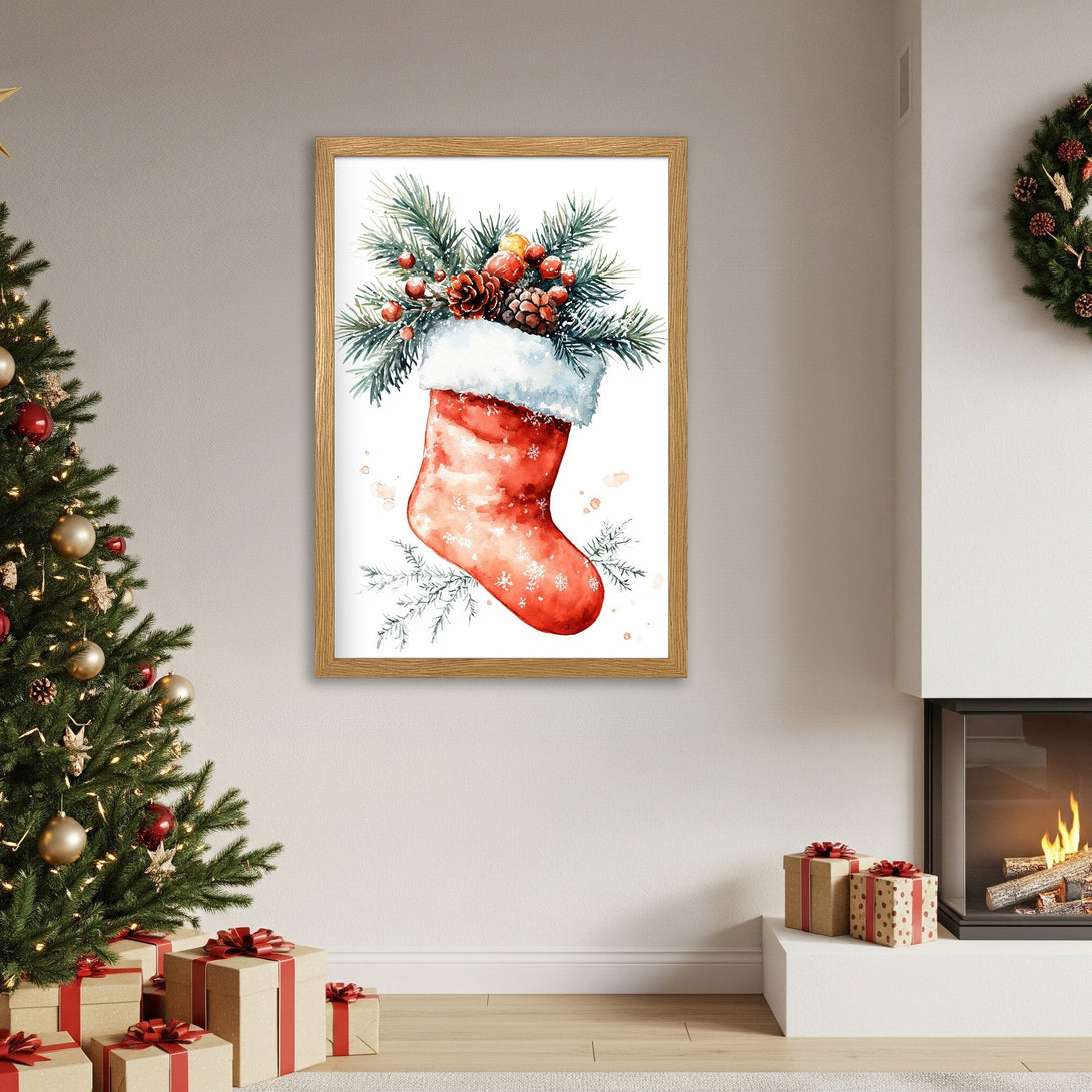 Framed Poster featuring a watercolor Christmas stocking art print. Festive red, green, and white color palette. Perfect holiday decor.