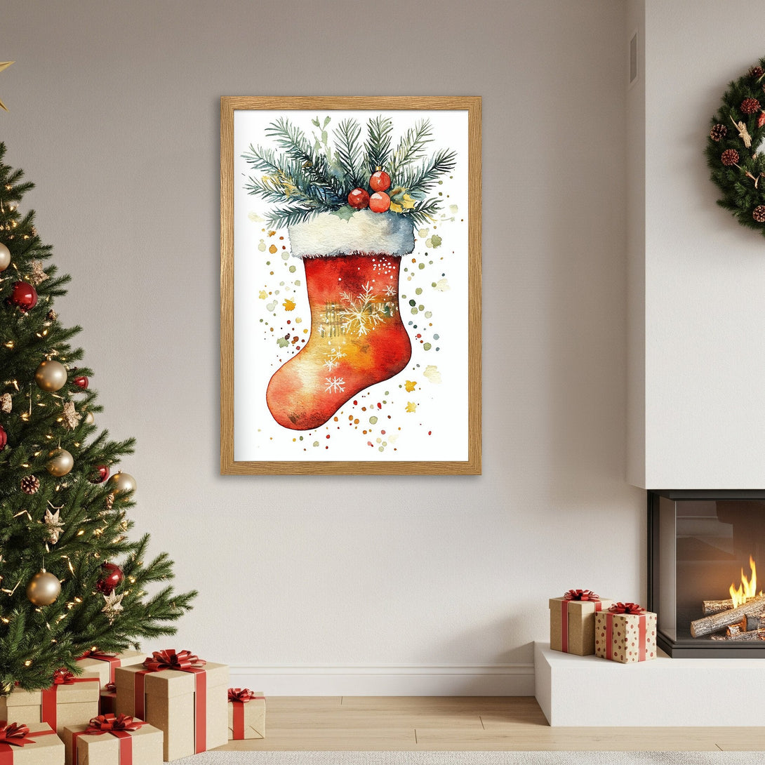 Framed Poster featuring a watercolor Christmas stocking. Festive style with red, green, and gold color palette. Perfect holiday decor!
