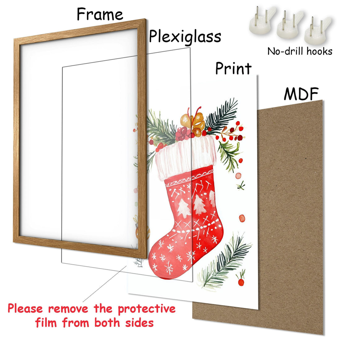 Framed Poster featuring a watercolor Christmas stocking design. Festive art in red, green, and white. Perfect holiday decor!
