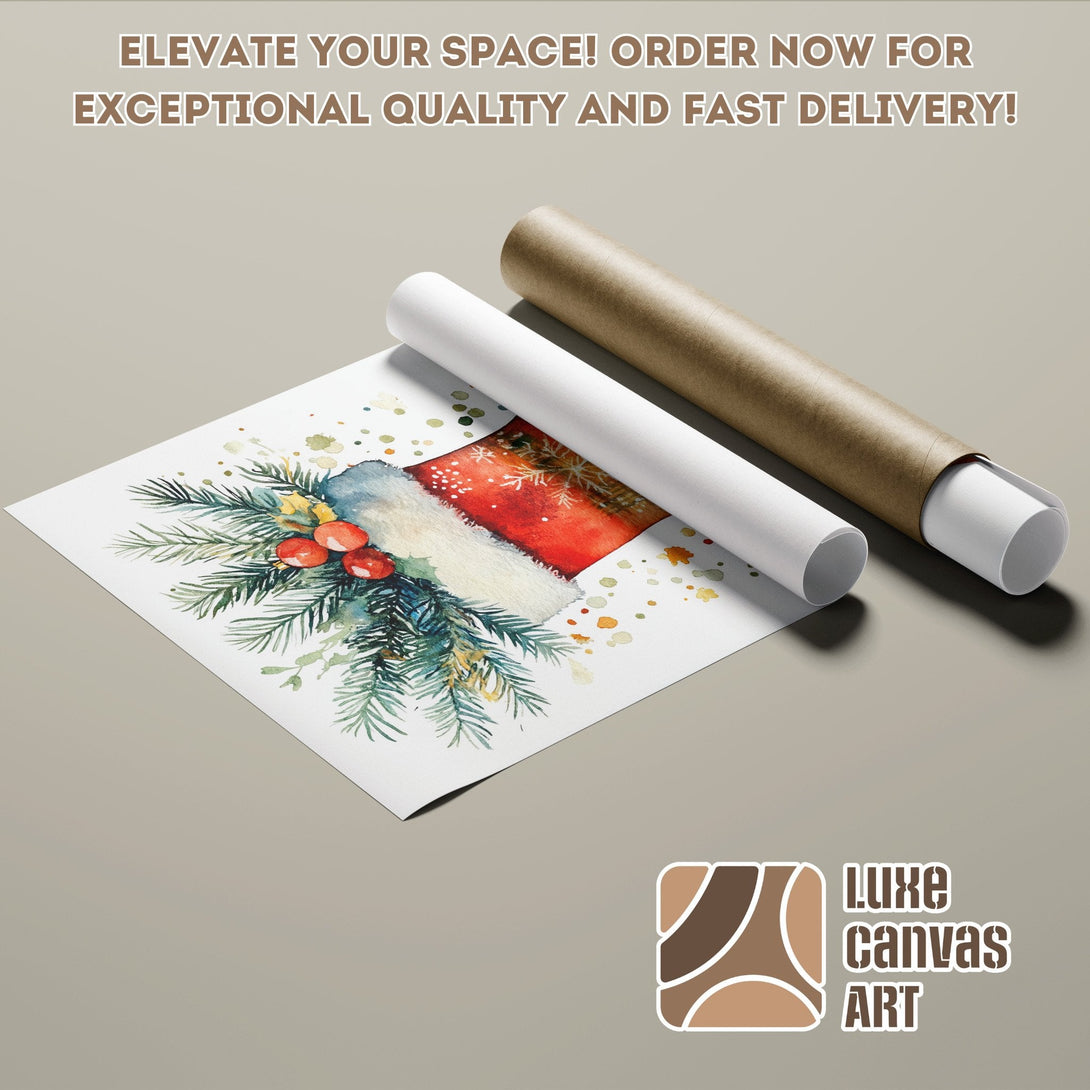 Watercolor Christmas Poster Roll, festive art with green, red, and white palette. Order now!