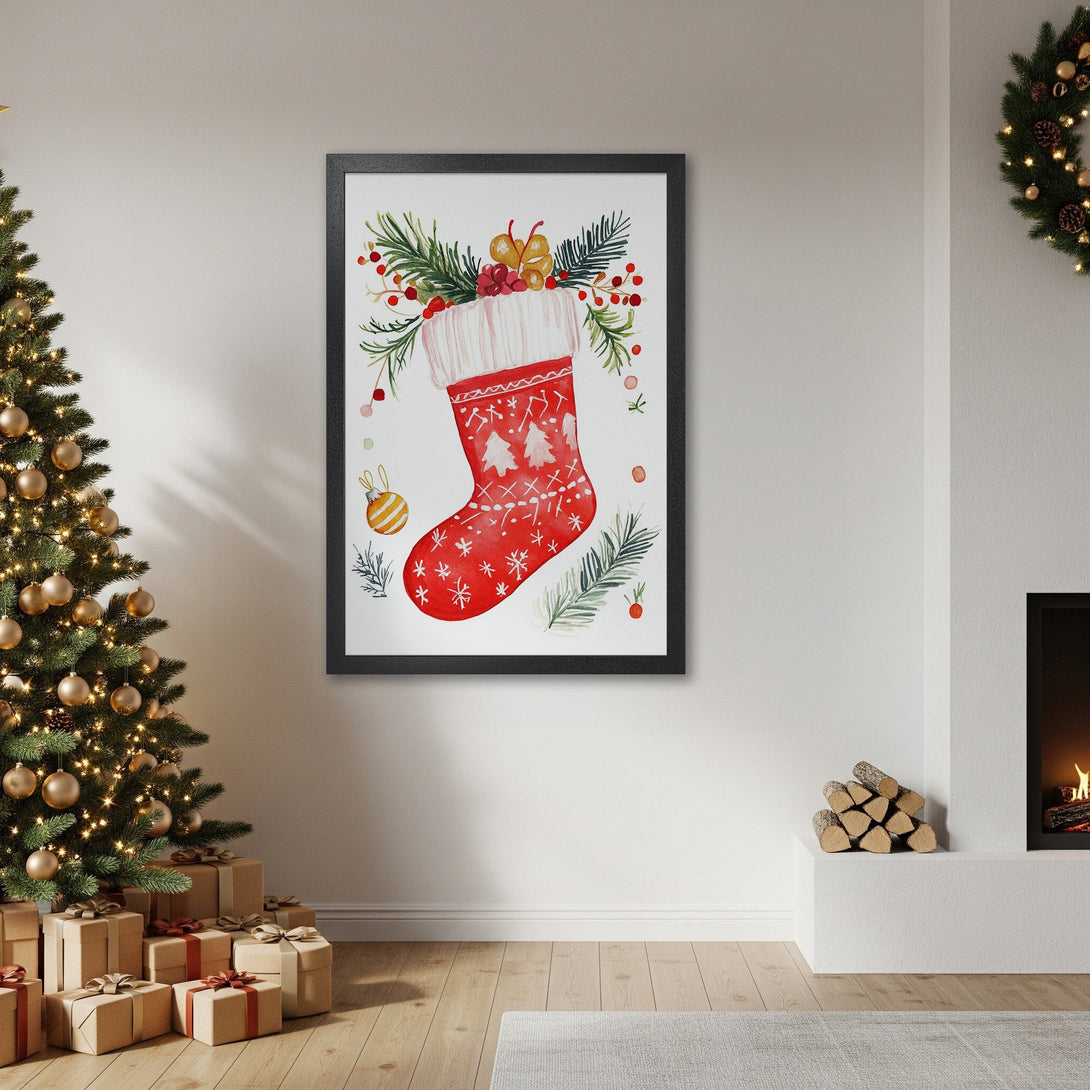 Framed Poster featuring a watercolor Christmas stocking. Festive art with red, green, and white color palette. Perfect holiday decor!
