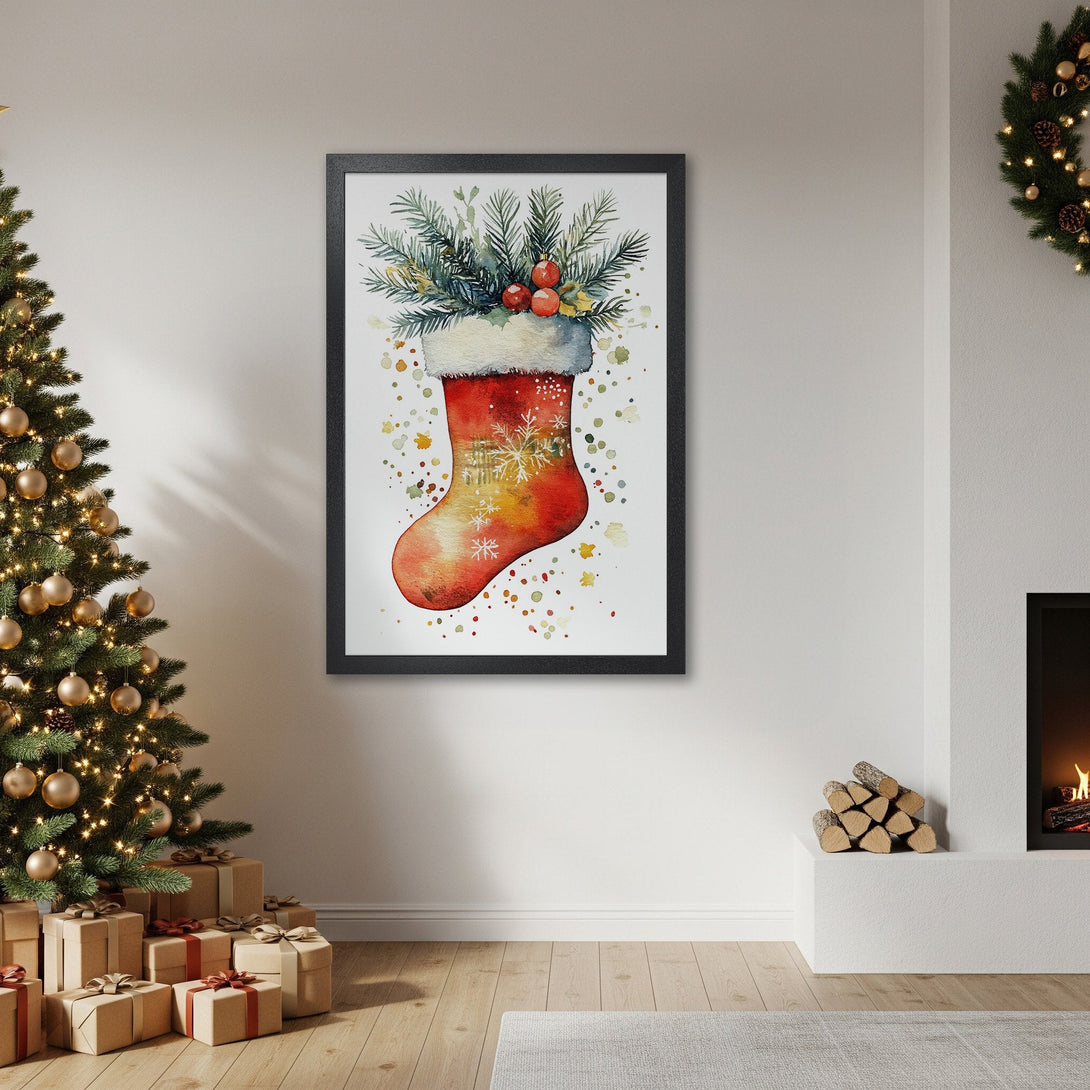Framed Poster featuring a watercolor Christmas stocking. Festive art with a warm red and green color palette, perfect holiday decor.