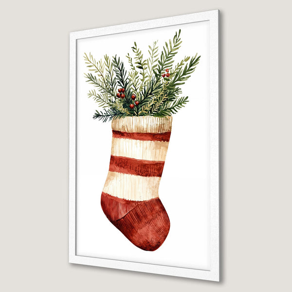 Framed Poster featuring a watercolor Christmas stocking with greens and red berries, warm color palette.