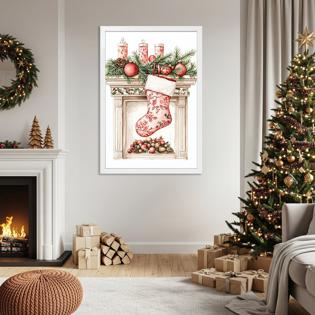 Framed Poster featuring a watercolor Christmas stocking, warm tones, and festive holiday decor. Perfect for seasonal home accents!