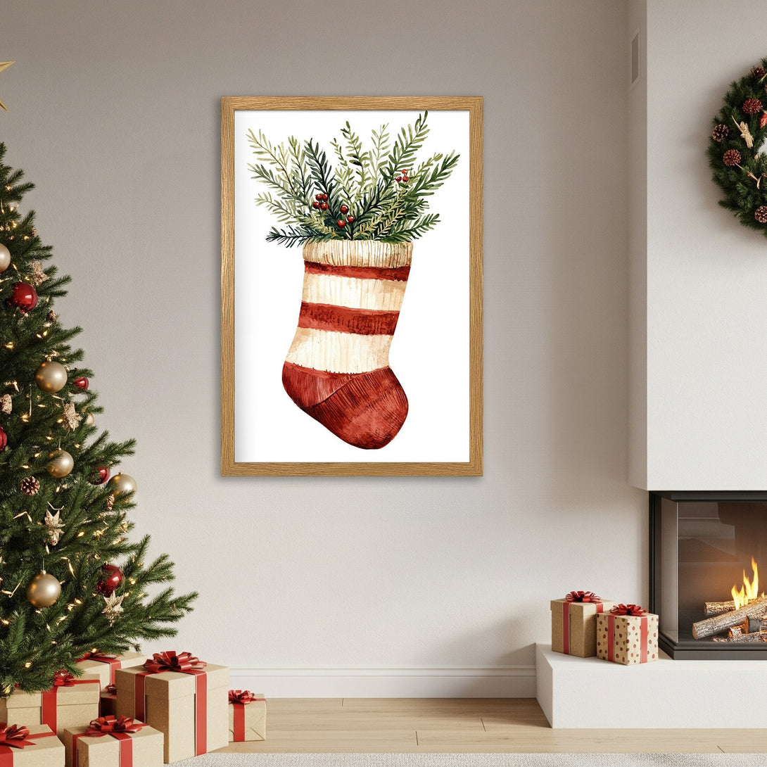 Framed Poster of a Christmas stocking with greenery, watercolor style, warm red & green palette. Perfect holiday decor!