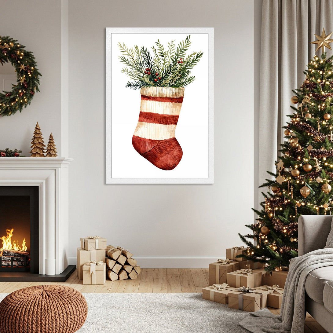 Framed Poster featuring a watercolor Christmas stocking with greenery, warm color palette, perfect holiday decor.