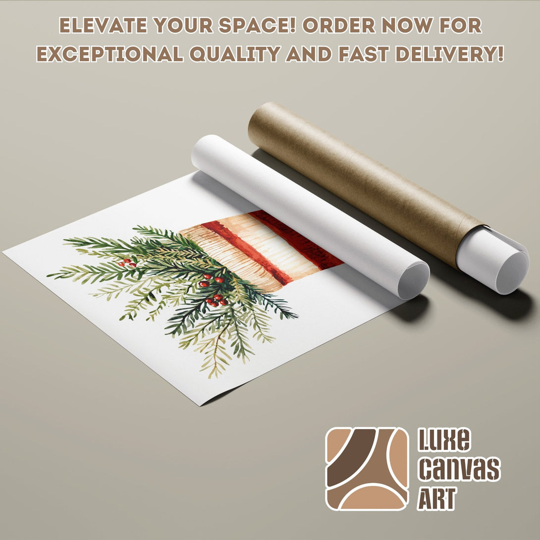Watercolor Poster Roll with festive greenery, warm tones. Perfect art for your home!