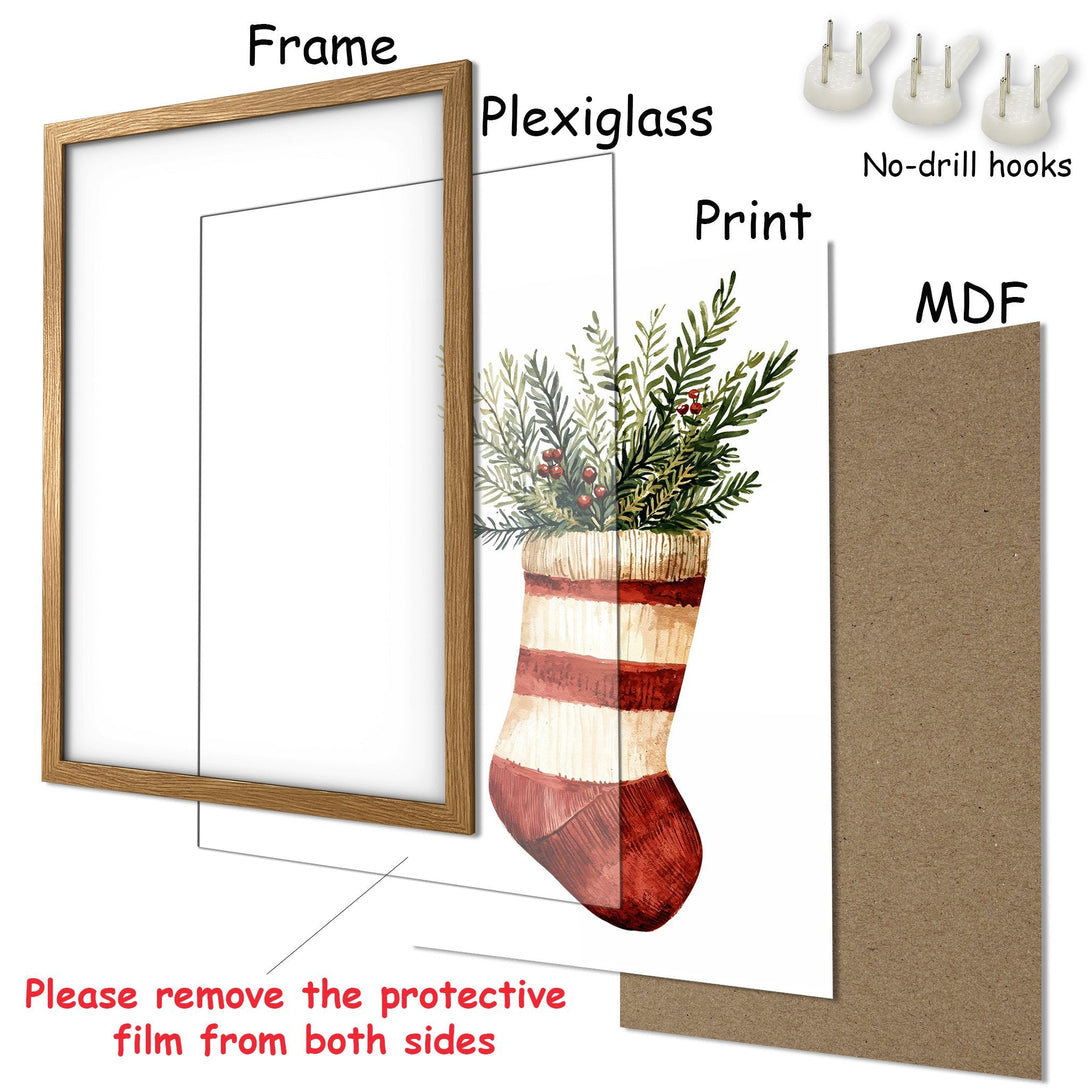 Framed Poster featuring a watercolor Christmas stocking with greenery. Warm red, green, and brown color palette. Perfect holiday decor!