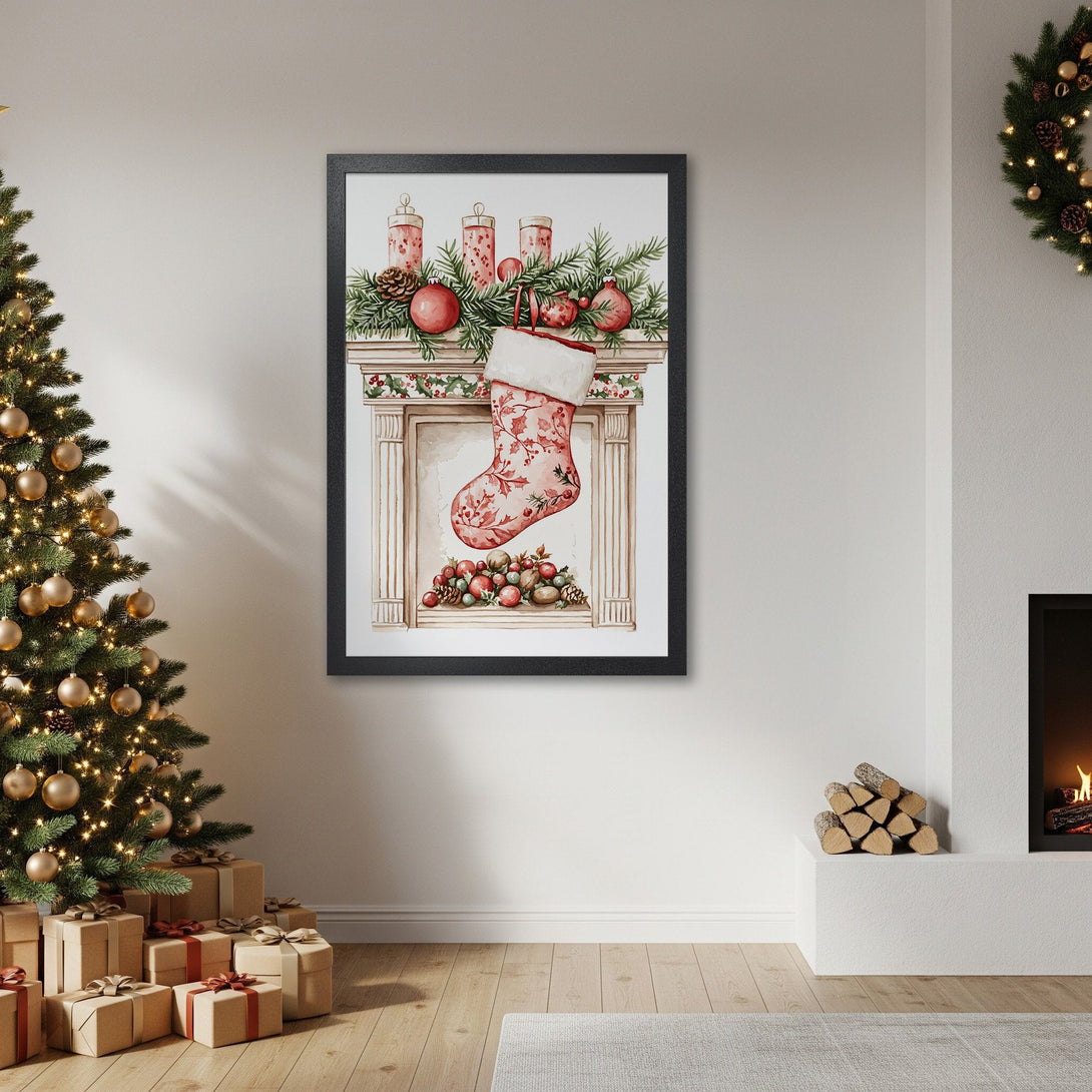 Framed Poster featuring a watercolor Christmas stocking, festive style with red and green hues, perfect holiday decor.