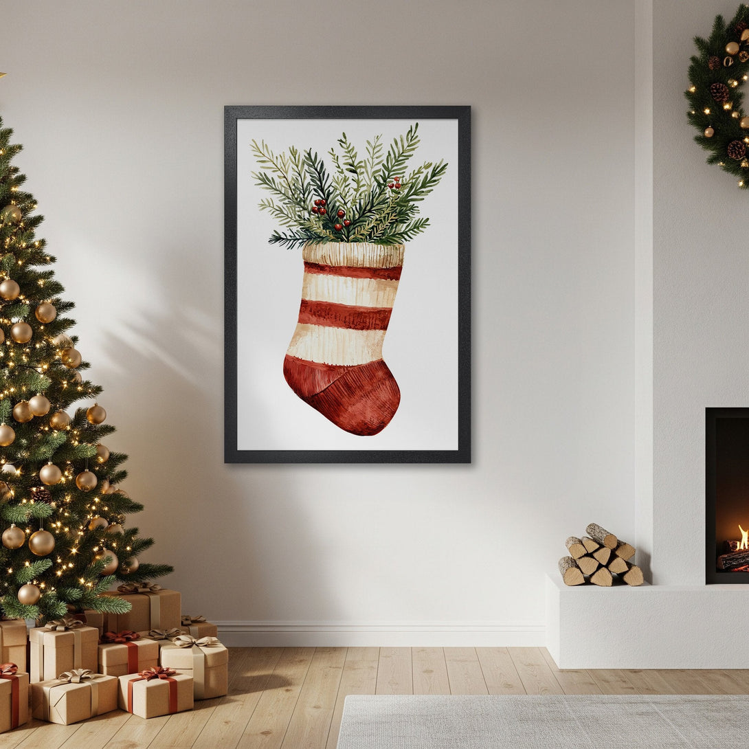 Framed Poster featuring a watercolor Christmas stocking with greenery. Warm, inviting style in red, green, and beige tones. Perfect holiday decor!