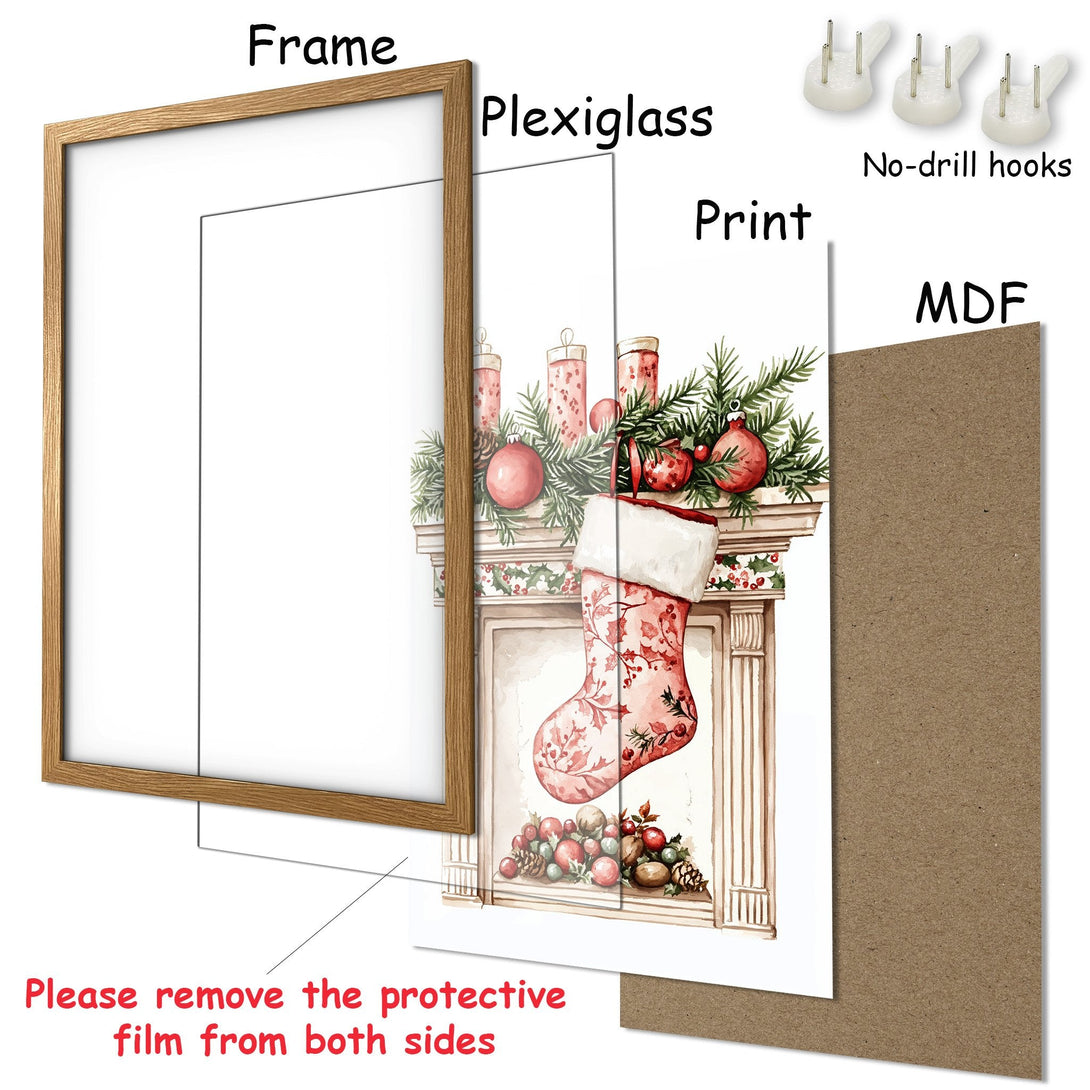 Framed Poster featuring a watercolor Christmas stocking and fireplace scene, warm red and green palette, perfect holiday decor.