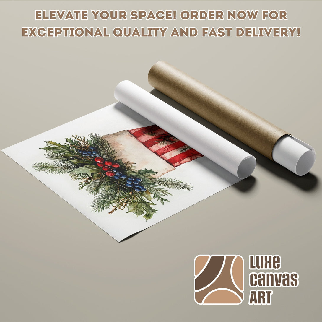 Watercolor Poster Roll with festive botanical art, featuring red, green, and blue hues. Perfect for holiday decor!