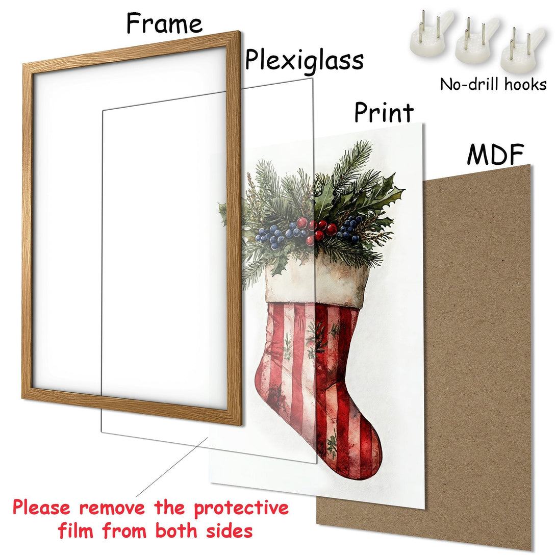 Framed Poster featuring a watercolor Christmas stocking with a festive red and green color palette. Perfect holiday decor!