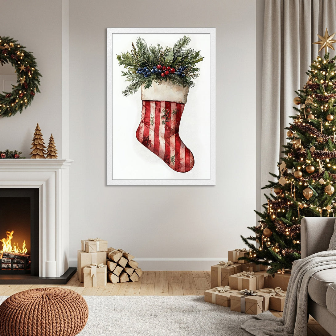 Framed Poster of a watercolor Christmas stocking with greenery. Festive decor, warm red and green palette, perfect holiday gift!