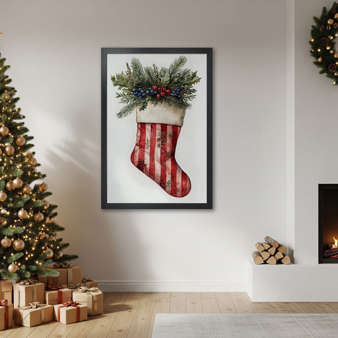 Framed Poster featuring a watercolor Christmas stocking with red and green accents. Perfect holiday decor!