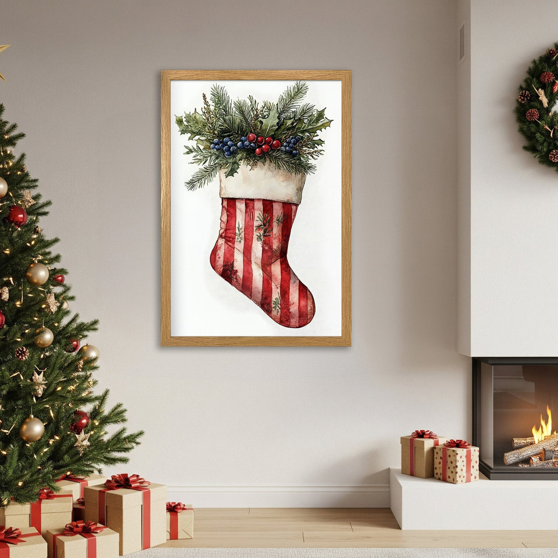 Framed Poster featuring a watercolor Christmas stocking with greenery, red & white stripes. Festive holiday decor in a warm color palette.