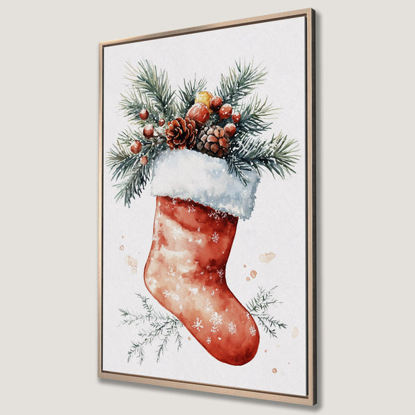 Framed Wall Art featuring a watercolor Christmas stocking with pine, berries, and cones. Warm reds, greens, and whites create a festive holiday vibe. Perfect wall decor!