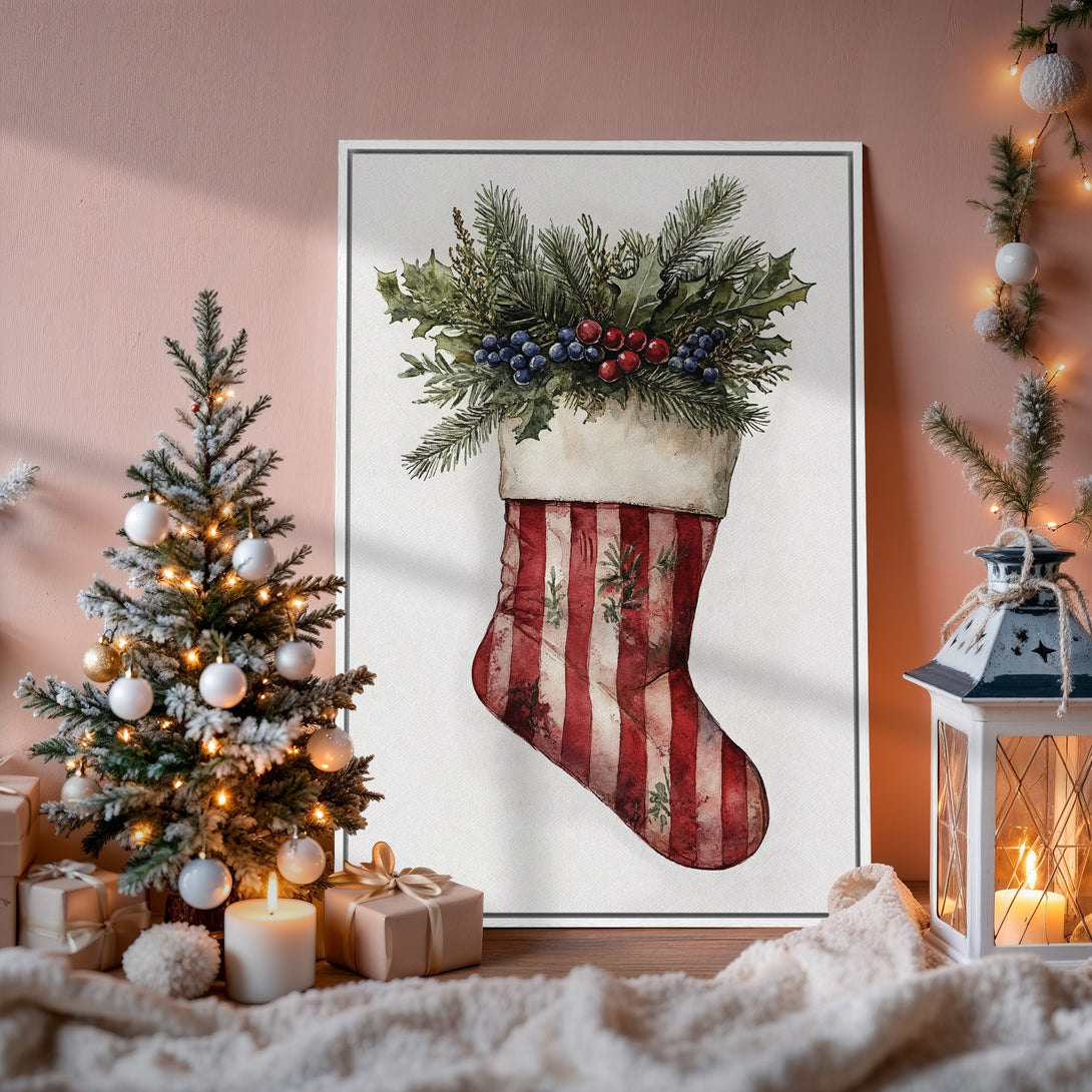 Framed Wall Art: Watercolor Christmas stocking print in a cozy interior. Featuring red, green, and white hues for festive holiday decor.