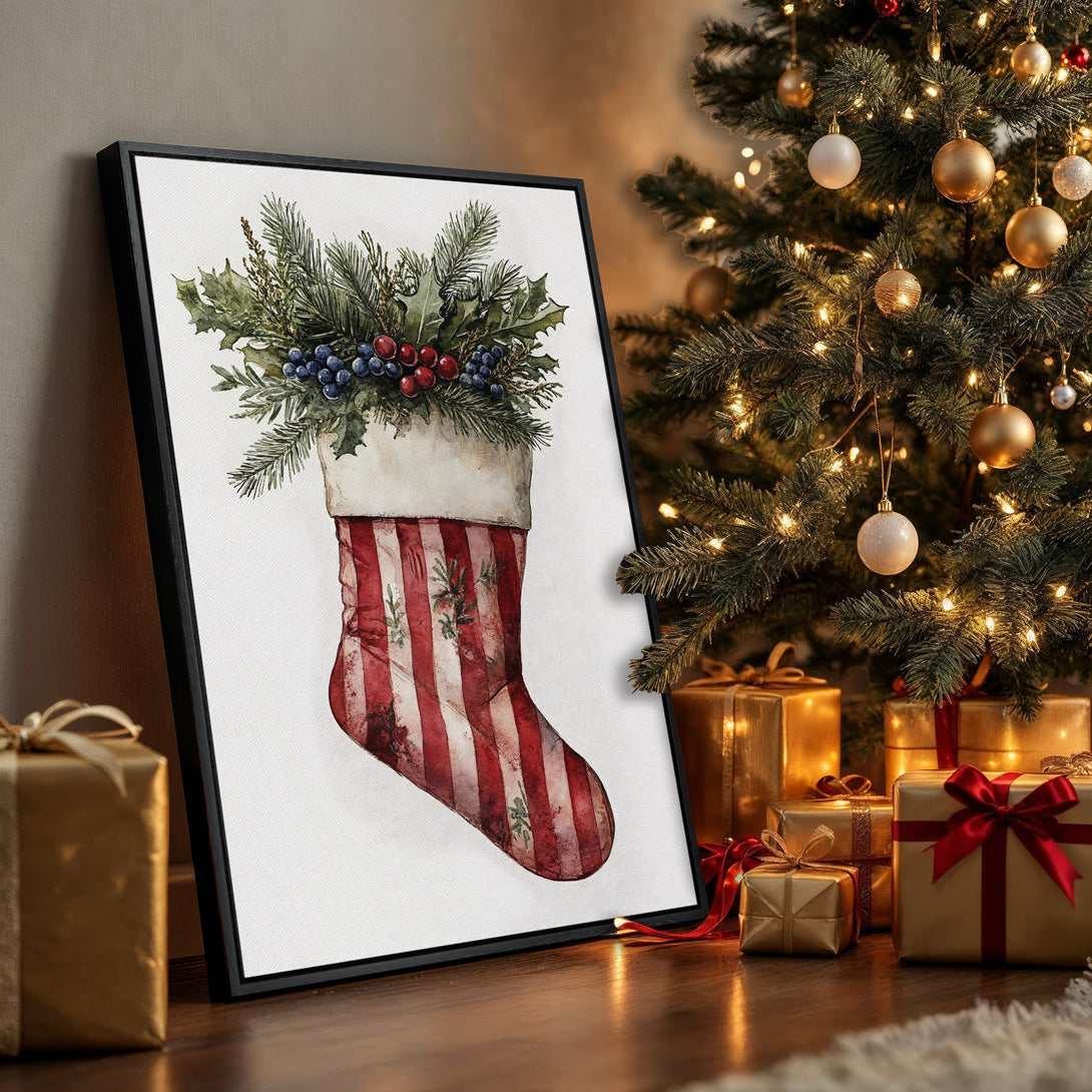 Framed Wall Art: Watercolor Christmas stocking print in a warm, festive interior. Features red, green, and white tones, perfect for holiday decor.