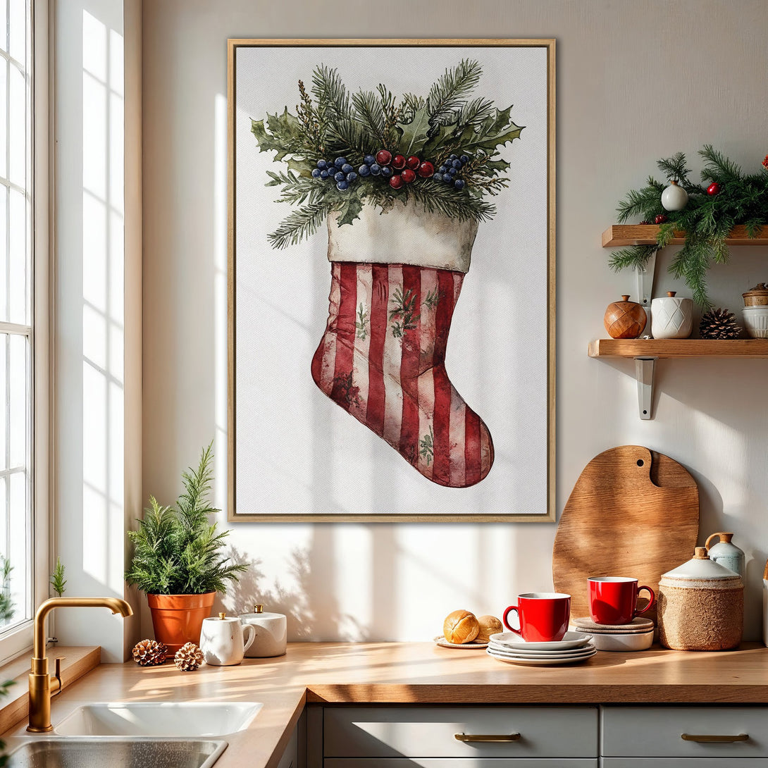 Framed Wall Art: Watercolor Christmas stocking print with red & green accents. Perfect holiday decor for your kitchen! Warm, inviting color palette.