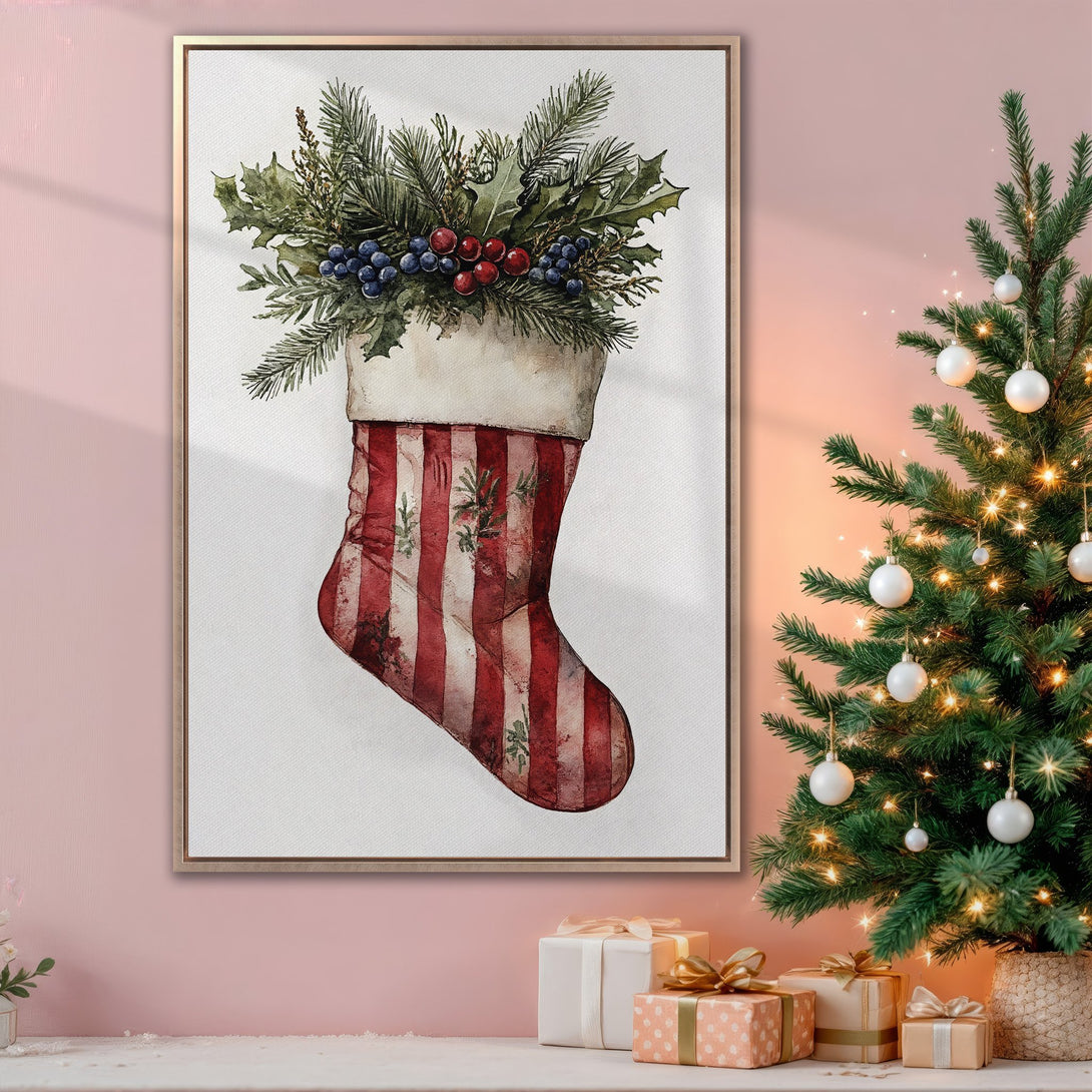 Framed Wall Art: Watercolor Christmas stocking print in red, white, and green. Festive holiday decor for your home, perfect for a cozy winter vibe.