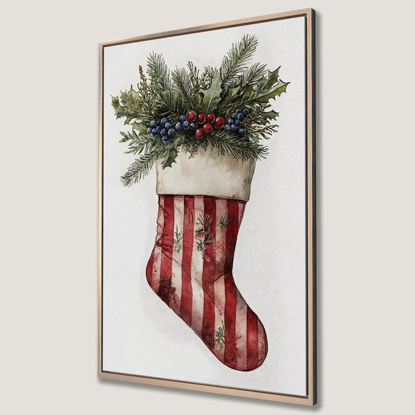 Framed Wall Art: Watercolor Christmas stocking with berries and greenery. Rustic style, red, green, and white color palette. Perfect holiday decor.